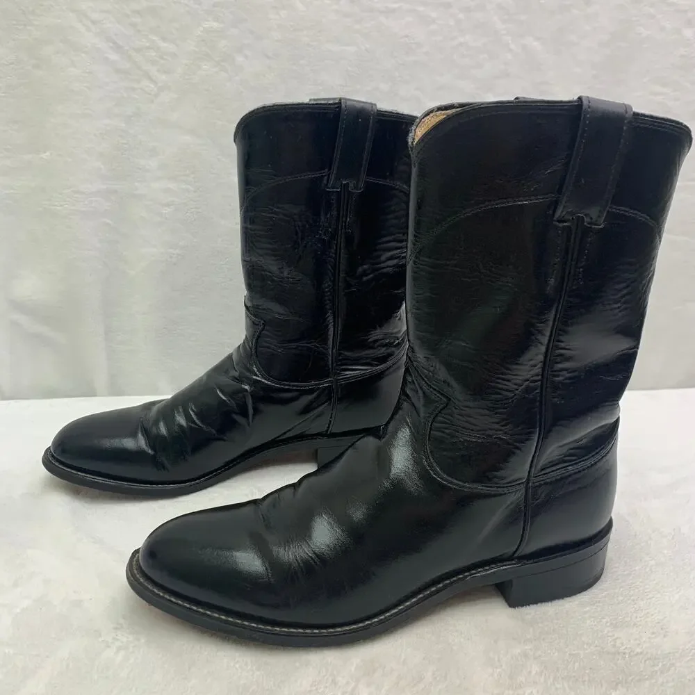 Justin Boots 3133 Mens Sz 9 Black Leather Western Roper Boots Round Toe Cowboy